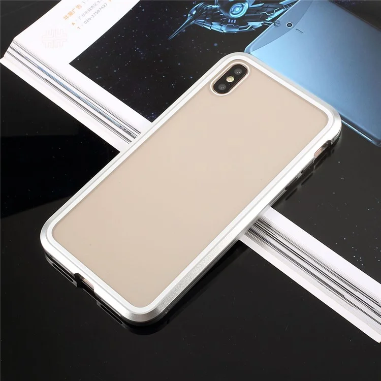 Fully Protection Magnetic Adsorption Metal Frame + Tempered Glass Phone Cover for iPhone X / XS 5.8 inch - Silver