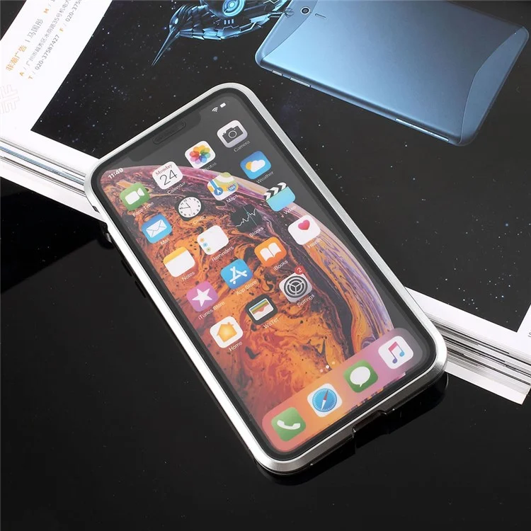 Fully Protection Magnetic Adsorption Metal Frame + Tempered Glass Phone Cover for iPhone X / XS 5.8 inch - Silver