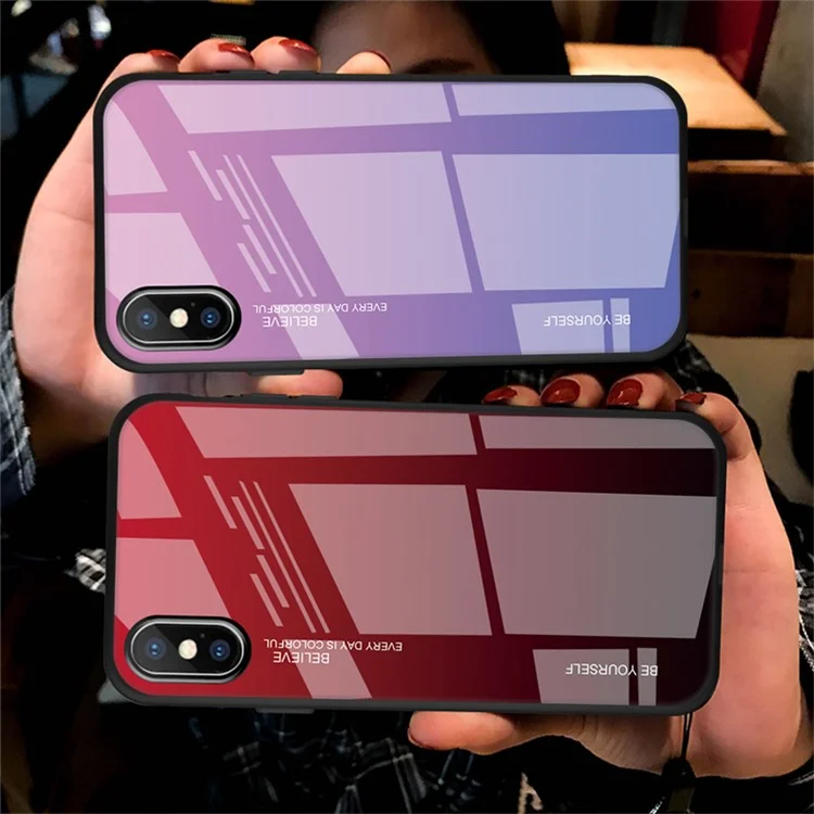 Gradient Color Glass + PC + TPU Hybrid Case for iPhone XS 5.8 inch - Red