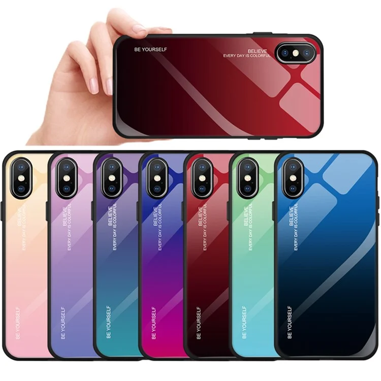 Gradient Color Glass + PC + TPU Hybrid Case for iPhone XS Max 6.5 inch - Red