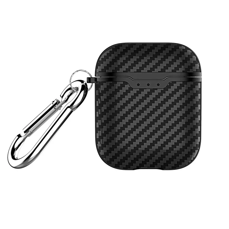 Textura de Fibra de Carbono Case de Protección TPU Para AirPods Con Estuche de Carga (2016) Con Carabiner - Negro