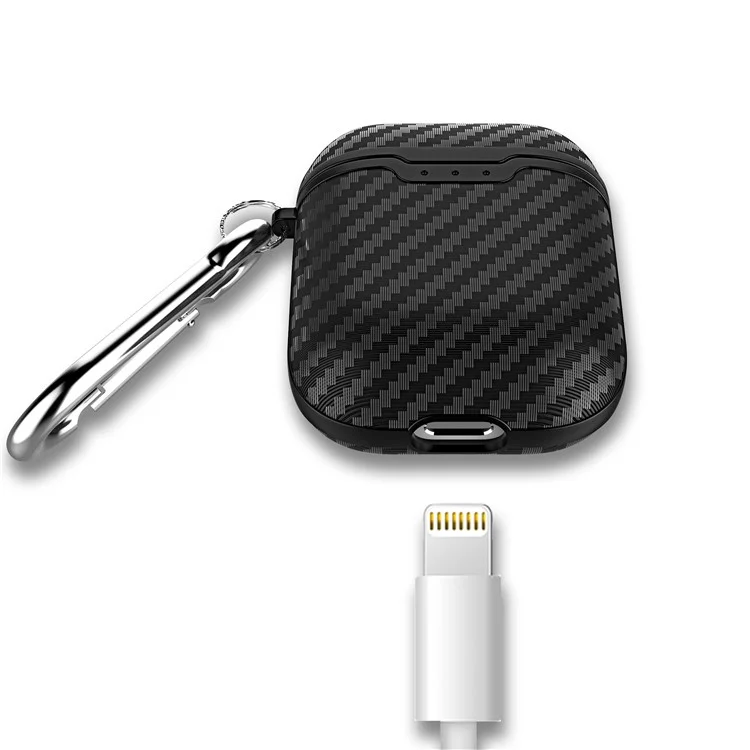 Texture de Fibre de Carbone TPU Case de Protection Pour AirPods With Charging Case (2016) Avec Carabiner - le Noir