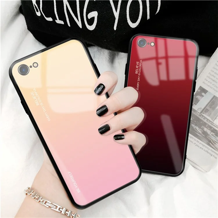 Gradient Glass + TPU + PC Hybrid Back Case para iPhone 8/7/SE (2022)/SE (2020) - Dourado / Rosa