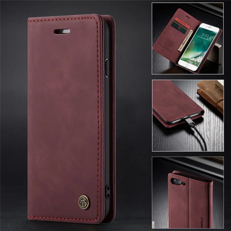 CASEME 013-serie automatiskt sugande plånboksfodral i PU-läder till iPhone 7 Plus / 8 Plus 5,5 tum – Vinröd