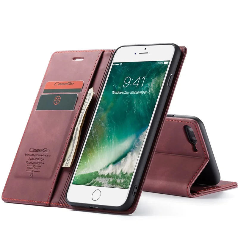CASEME 013-serie automatiskt sugande plånboksfodral i PU-läder till iPhone 7 Plus / 8 Plus 5,5 tum – Vinröd