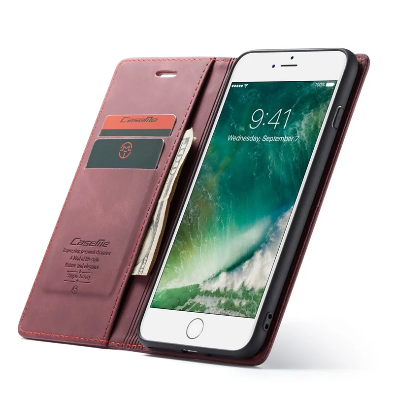 CASEME 013-serie automatiskt sugande plånboksfodral i PU-läder till iPhone 7 Plus / 8 Plus 5,5 tum – Vinröd