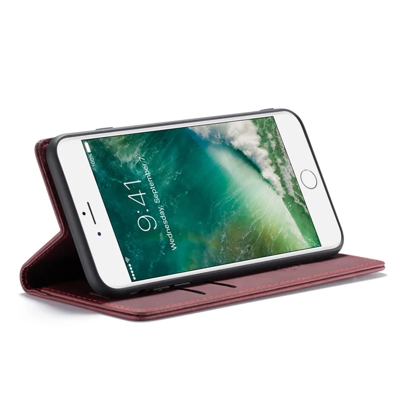 CASEME 013-serie automatiskt sugande plånboksfodral i PU-läder till iPhone 7 Plus / 8 Plus 5,5 tum – Vinröd