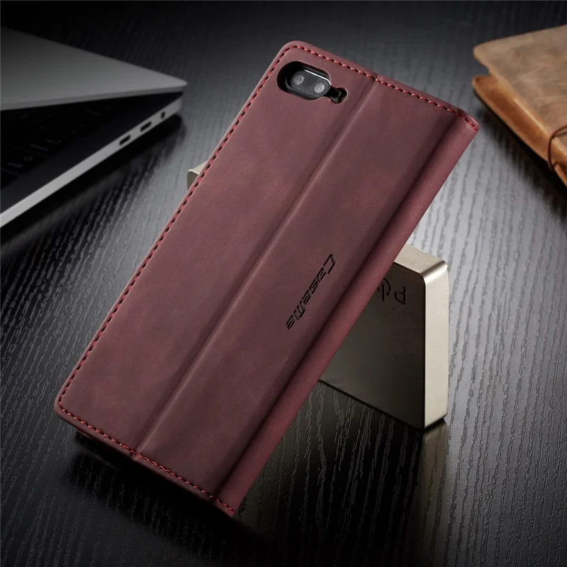CASEME 013-serie automatiskt sugande plånboksfodral i PU-läder till iPhone 7 Plus / 8 Plus 5,5 tum – Vinröd
