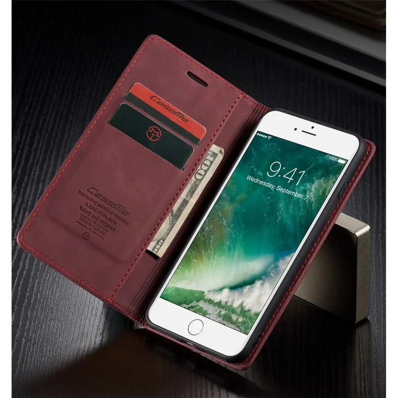 CASEME 013-serie automatiskt sugande plånboksfodral i PU-läder till iPhone 7 Plus / 8 Plus 5,5 tum – Vinröd