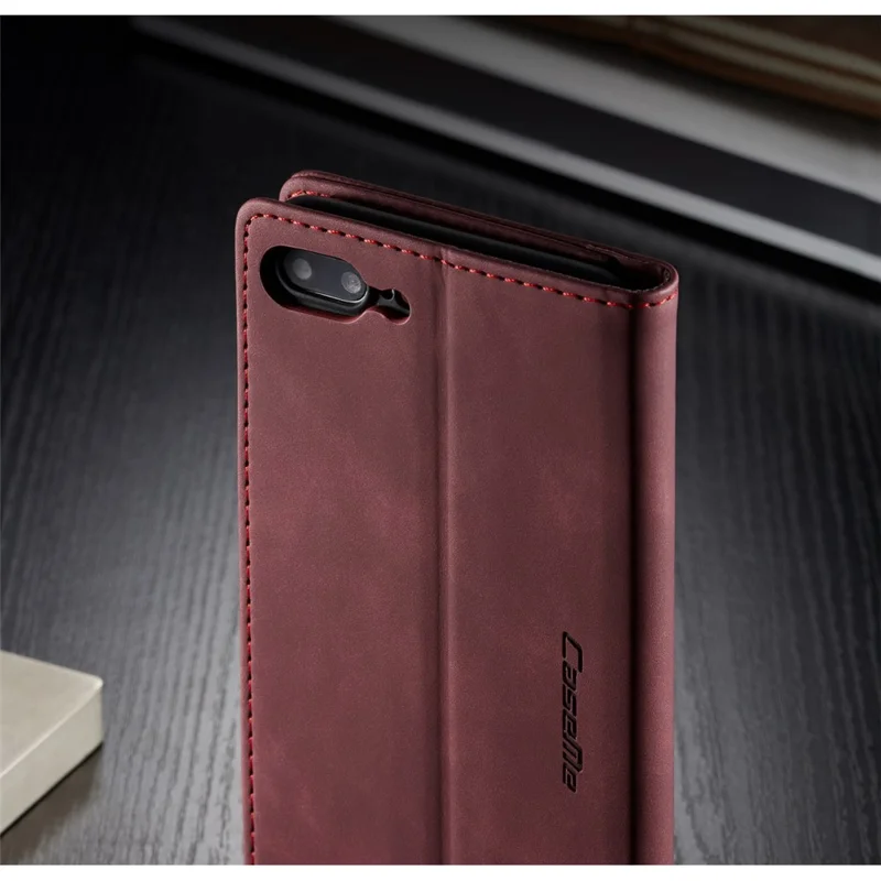 CASEME 013-serie automatiskt sugande plånboksfodral i PU-läder till iPhone 7 Plus / 8 Plus 5,5 tum – Vinröd