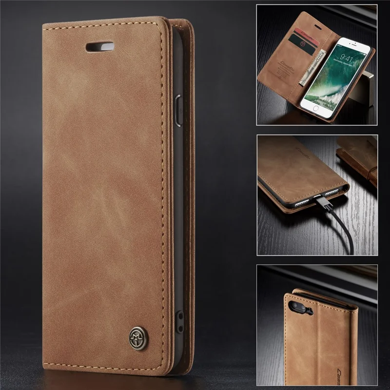 CASEME 013 Series Auto-absorbed PU Leather Wallet Stand Case for iPhone 7 Plus  / 8 Plus 5.5 inch - Khaki