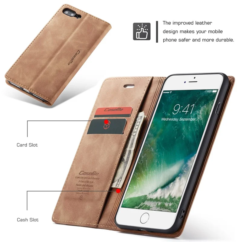 CASEME 013 Series Auto-absorbed PU Leather Wallet Stand Case for iPhone 7 Plus  / 8 Plus 5.5 inch - Khaki