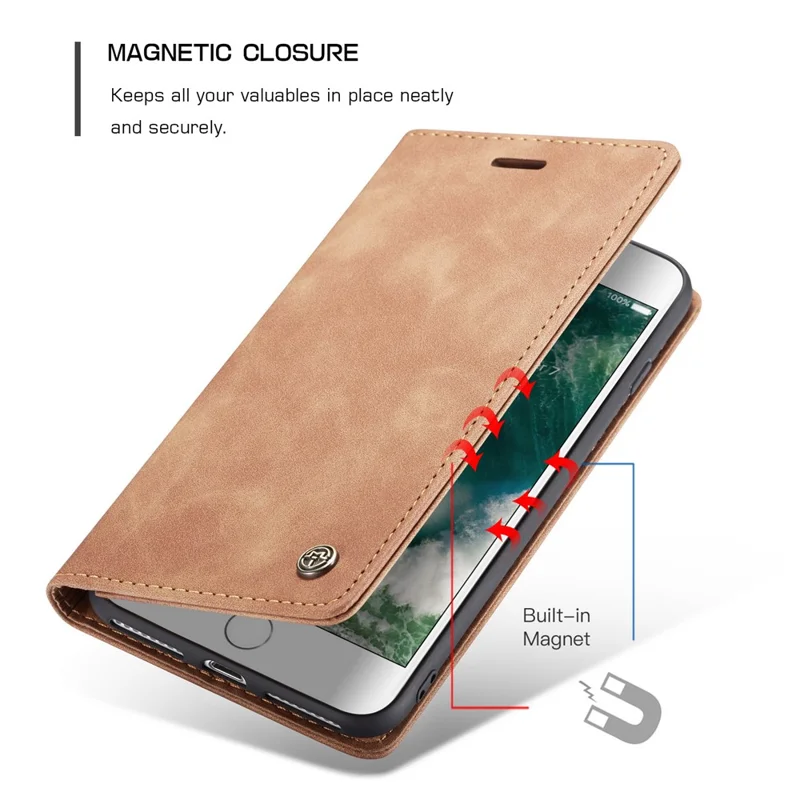 CASEME 013 Series Auto-absorbed PU Leather Wallet Stand Case for iPhone 7 Plus  / 8 Plus 5.5 inch - Khaki