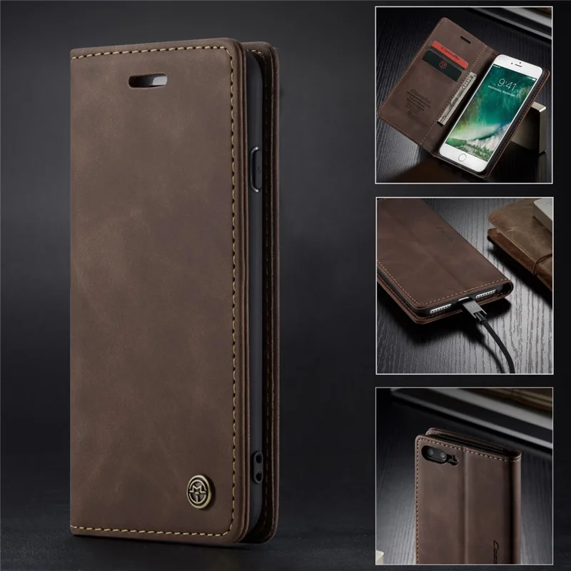 CASEME 013 Series Auto-absorbed PU Leather Wallet Stand Case for iPhone 7 Plus  / 8 Plus 5.5 inch - Coffee