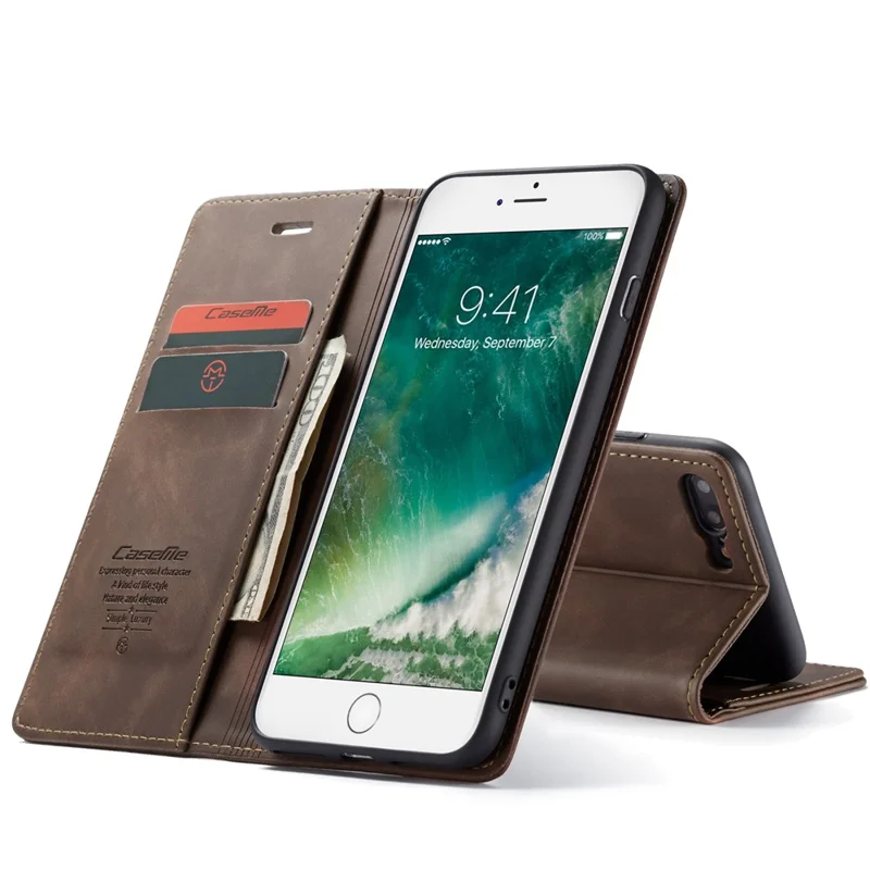 CASEME 013 Series Auto-absorbed PU Leather Wallet Stand Case for iPhone 7 Plus  / 8 Plus 5.5 inch - Coffee