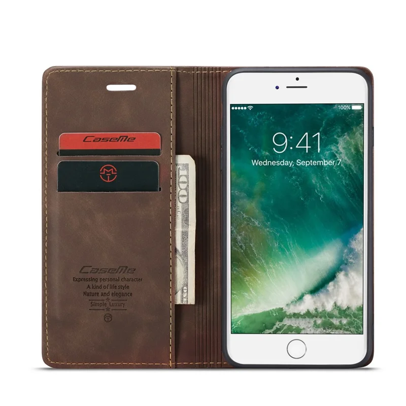 CASEME 013 Series Auto-absorbed PU Leather Wallet Stand Case for iPhone 7 Plus  / 8 Plus 5.5 inch - Coffee