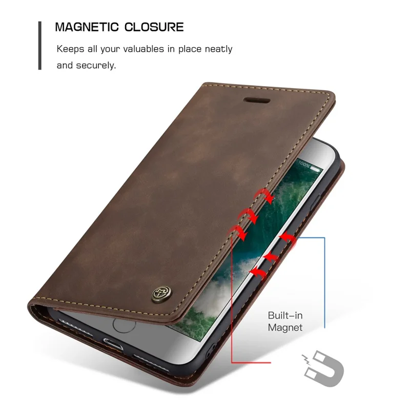 CASEME 013 Series Auto-absorbed PU Leather Wallet Stand Case for iPhone 7 Plus  / 8 Plus 5.5 inch - Coffee