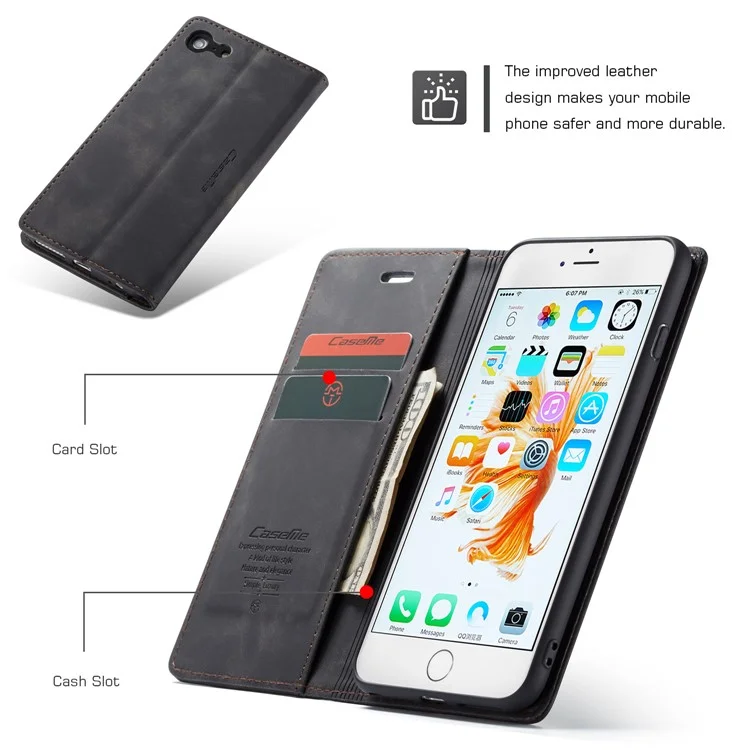 Caseme 013 Série Auto-absorbed PU le Cuir Wallet Stand Pour Iphone 6s Plus / 6 Plus 5,5 Pouces - le Noir