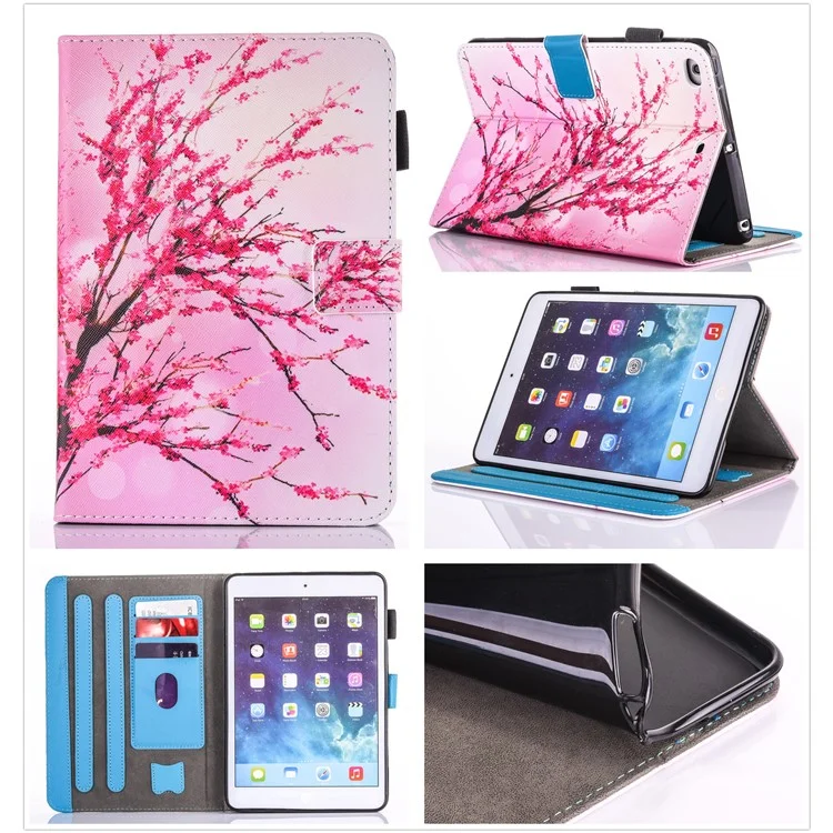 Capa de carteira de couro PU com padrão para Apple iPad mini (2019) 7.9 polegadas / mini 4 / 3 / 2 / 1 - Flor de ameixa
