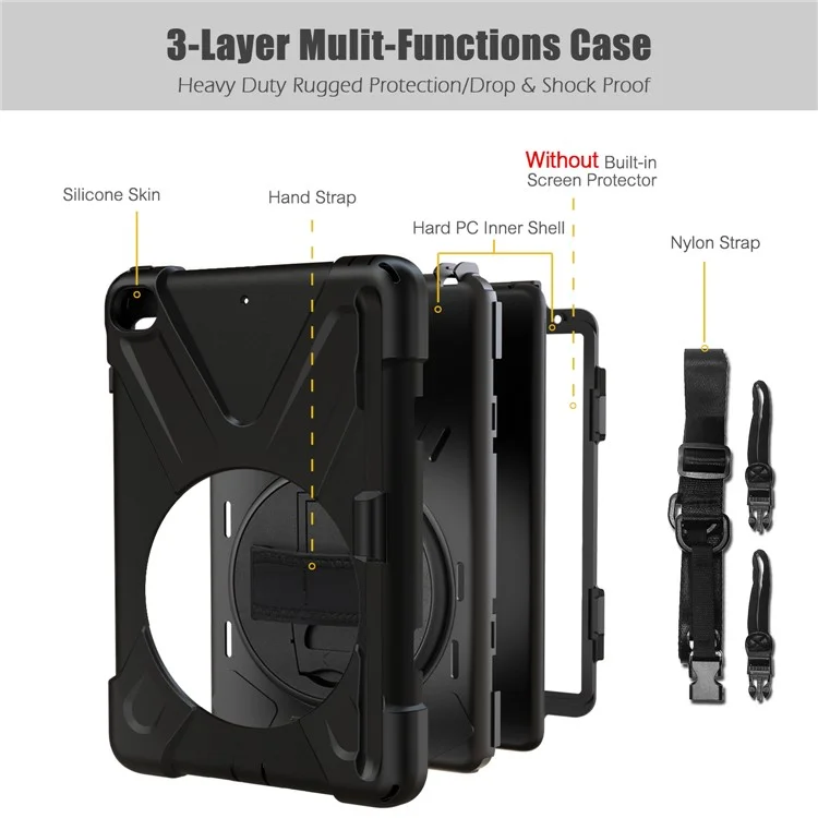 [X-Shape] PC + TPU 360-degree Swivel Kickstand Case with Hand Strap for iPad mini (2019) 7.9 inch / mini 4 - Black