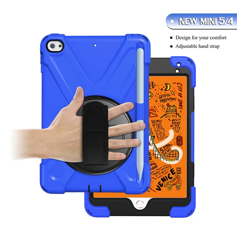 [X-Shape] PC + TPU 360-degree Swivel Kickstand Case with Hand Strap for iPad mini (2019) 7.9 inch / iPad mini 4 - Blue