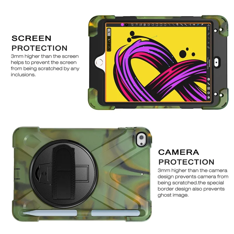 [X-Shape] PC + TPU 360-degree Swivel Kickstand Case with Hand Strap for iPad mini (2019) 7.9 inch / iPad mini 4 - Camouflage