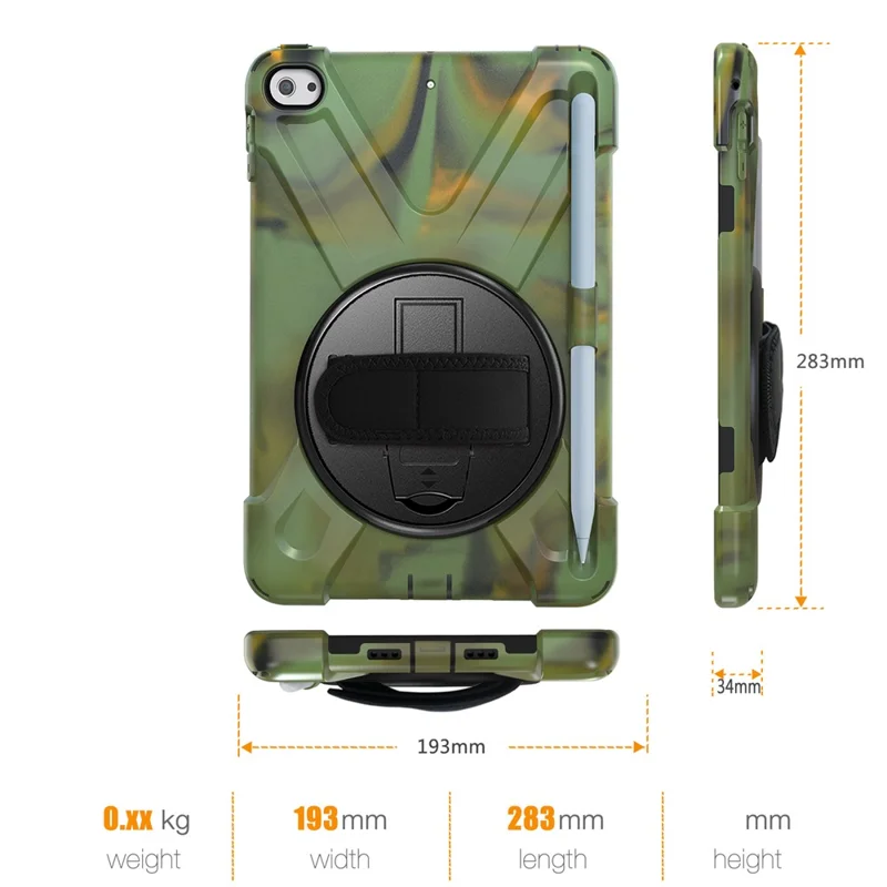 [X-Shape] PC + TPU 360-degree Swivel Kickstand Case with Hand Strap for iPad mini (2019) 7.9 inch / iPad mini 4 - Camouflage