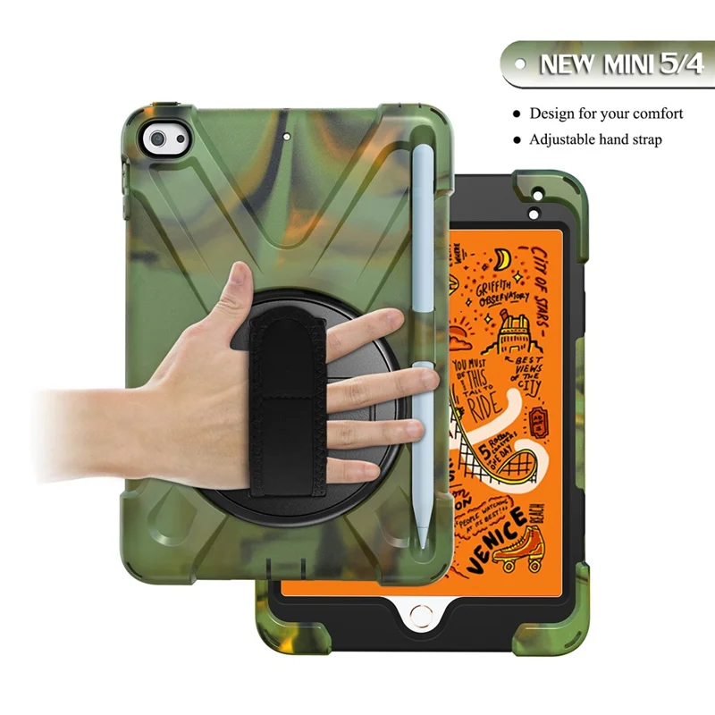 [X-Shape] PC + TPU 360-degree Swivel Kickstand Case with Hand Strap for iPad mini (2019) 7.9 inch / iPad mini 4 - Camouflage