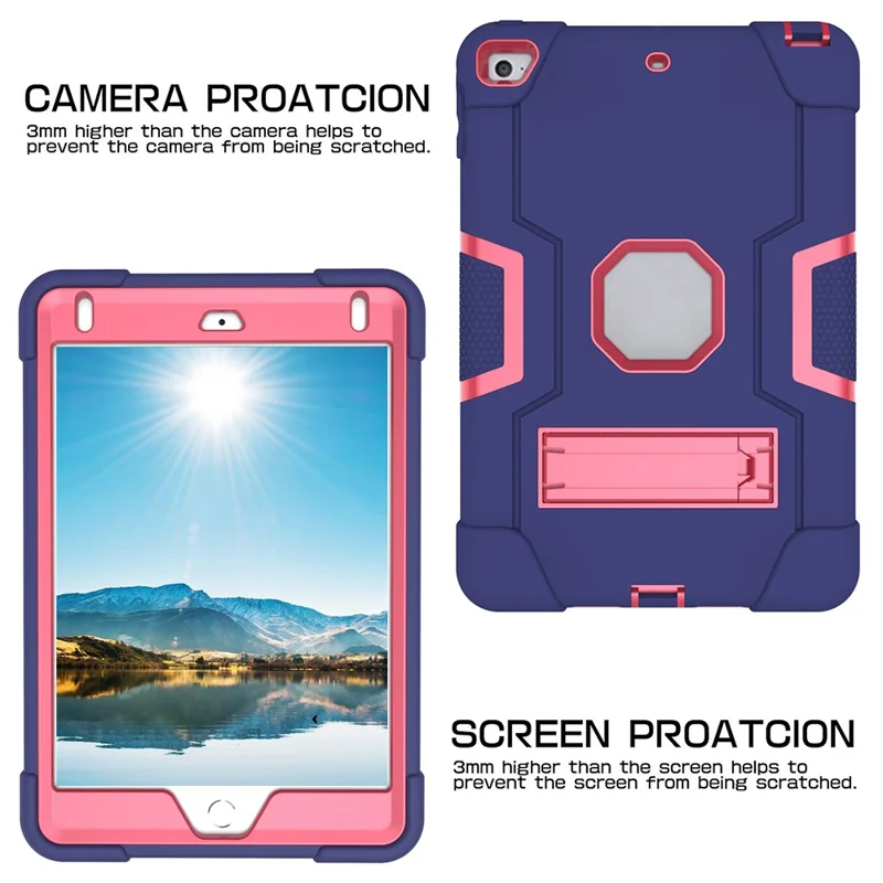 For iPad mini (2019) 7.9 inch Shock Proof TPU + PC Hybrid Tablet Case with Kickstand - Dark Blue / Rose