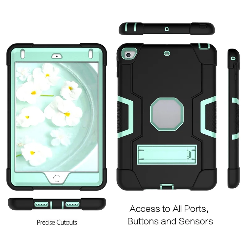 For iPad mini (2019) 7.9 inch Shock Proof TPU + PC Hybrid Tablet Case with Kickstand - Black / Cyan