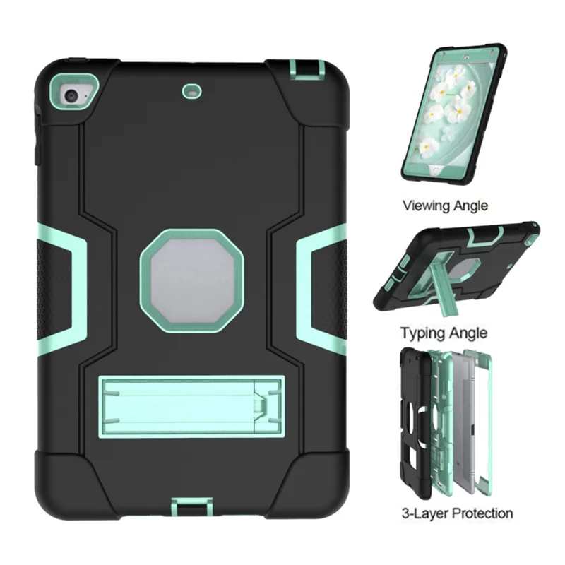 For iPad mini (2019) 7.9 inch Shock Proof TPU + PC Hybrid Tablet Case with Kickstand - Black / Cyan
