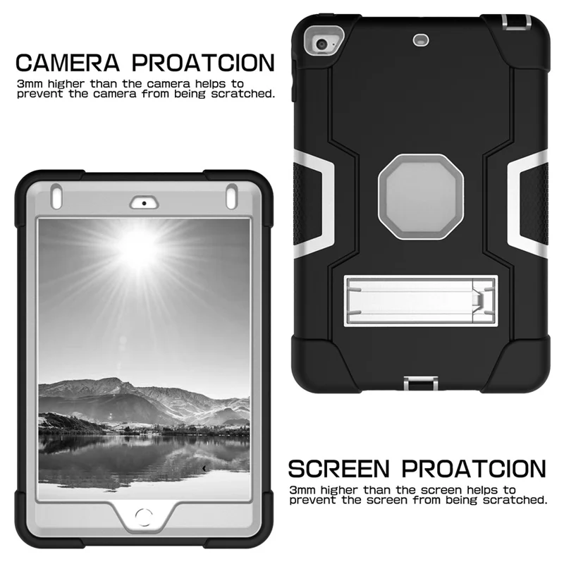 For iPad mini (2019) 7.9 inch Shock Proof TPU + PC Hybrid Tablet Case with Kickstand - Black / Silver