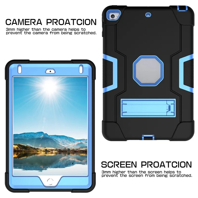 For iPad mini (2019) 7.9 inch Shock Proof TPU + PC Hybrid Tablet Case with Kickstand - Black / Baby Blue