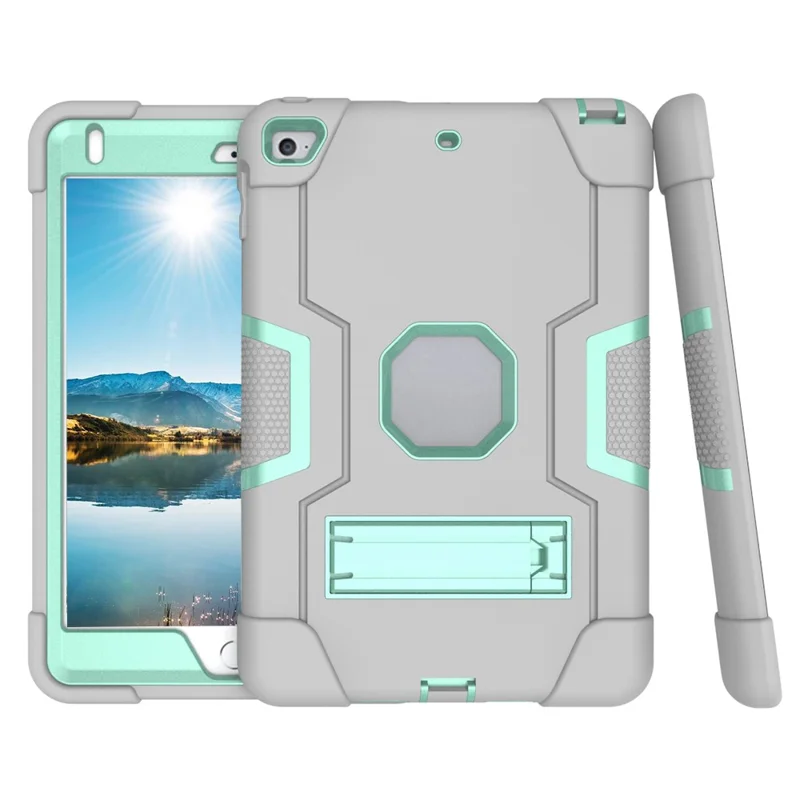 For iPad mini (2019) 7.9 inch Shock Proof TPU + PC Hybrid Tablet Case with Kickstand - Grey / Cyan
