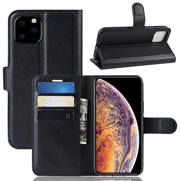 Litchi Skin Wallet Leather Stand Caso Para Iphone 11 Pro Max 6,5 Polegadas (2019) - Preto