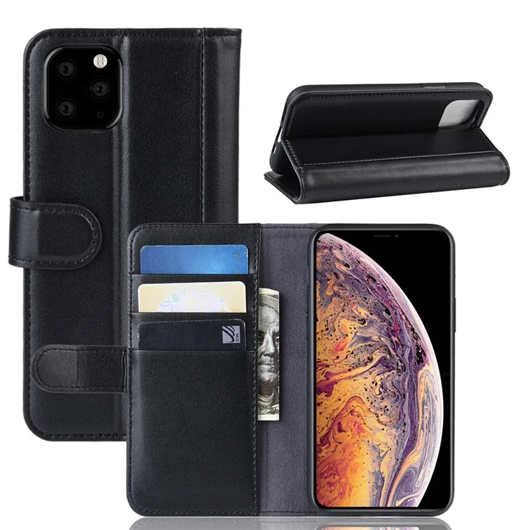 Cubierta De Teléfono De Cuero Dividido Genuino Para IPhone 11 Pro Max 6.5 Pulgadas (2019) - Negro