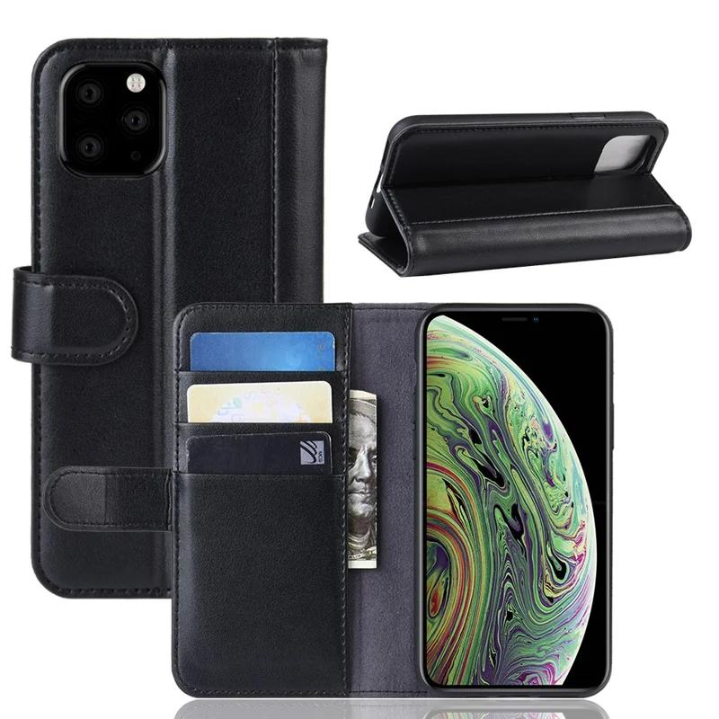For iPhone 11 Pro Phone Cases Genuine Split Leather Wallet Mobile Cover Stand - Black