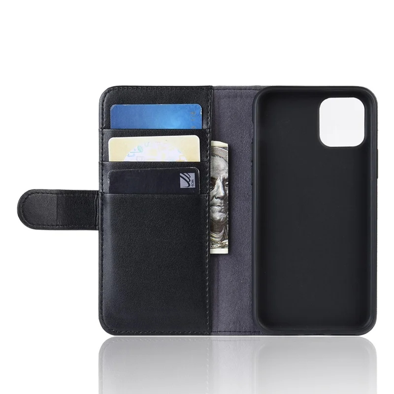 For iPhone 11 Pro Phone Cases Genuine Split Leather Wallet Mobile Cover Stand - Black
