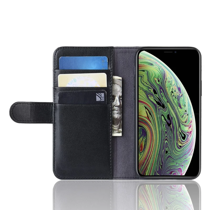 For iPhone 11 Pro Phone Cases Genuine Split Leather Wallet Mobile Cover Stand - Black