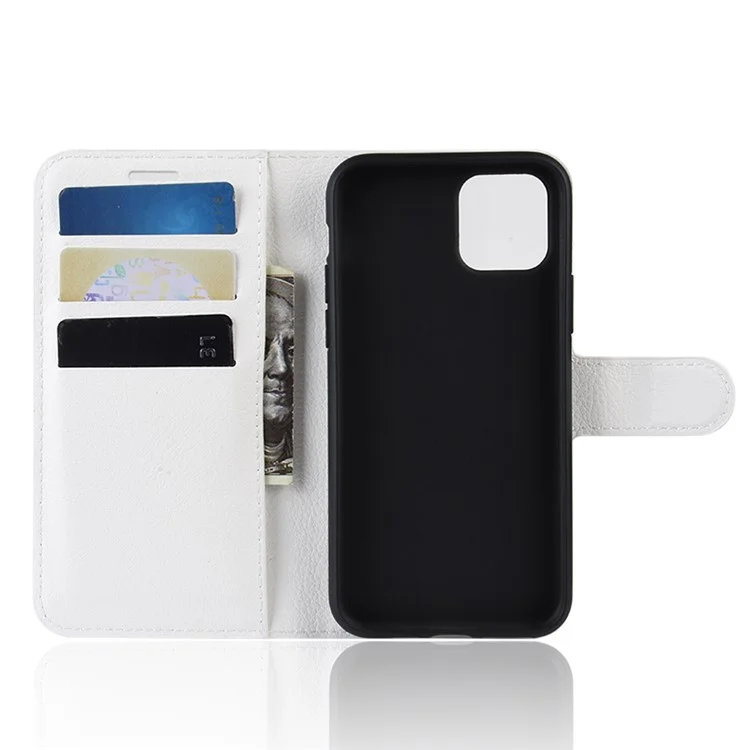 Litchi Skin Leather Wallet Stand Case for iPhone 11 6.1 inch (2019) avec Soft TPU Inner Case - Blanc