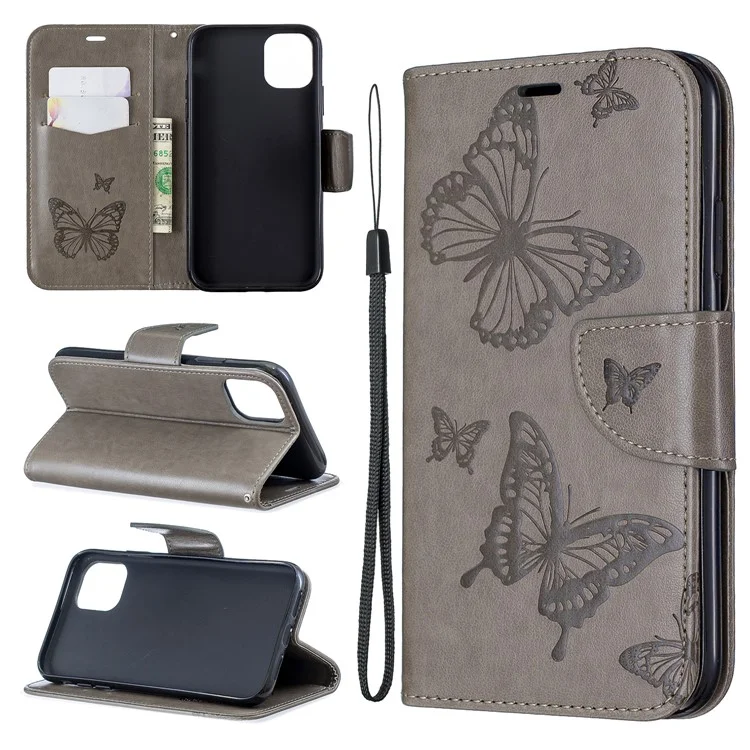 Imprint Butterfly Leather Wallet Colding Для Iphone 11 6,1 Дюйма (2019) - Серый