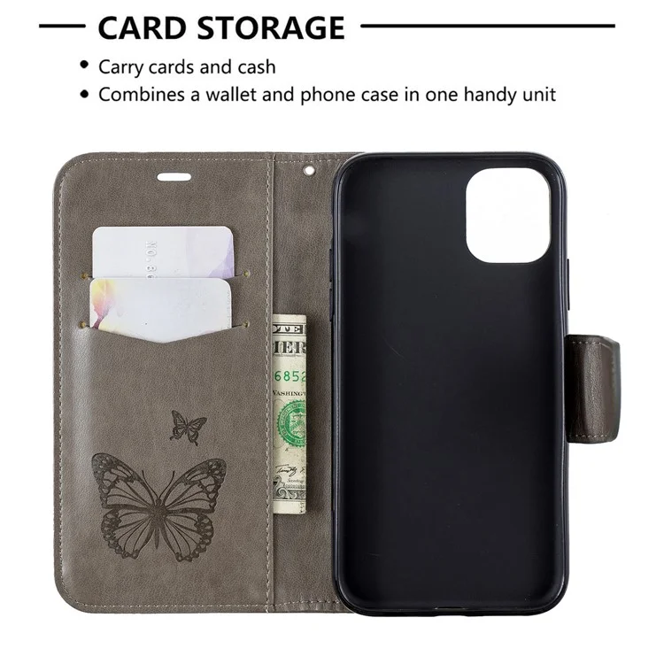 Imprint Butterfly Leather Wallet Colding Для Iphone 11 6,1 Дюйма (2019) - Серый