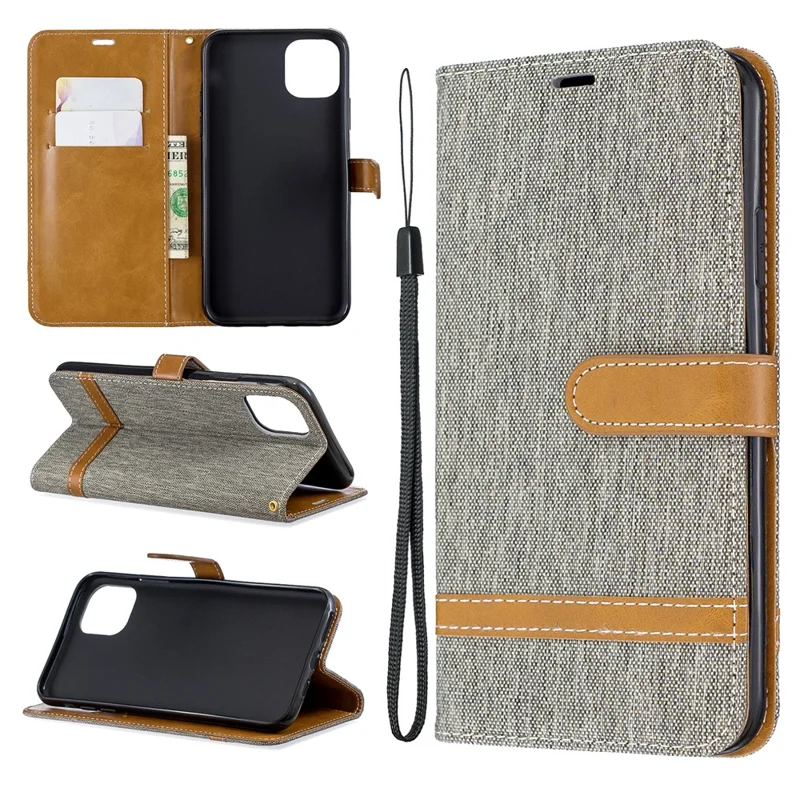 Jeans Cloth Wallet Stand Leather Cell Phone Shell for iPhone 11 Pro Max 6.5 inch (2019) - Grey