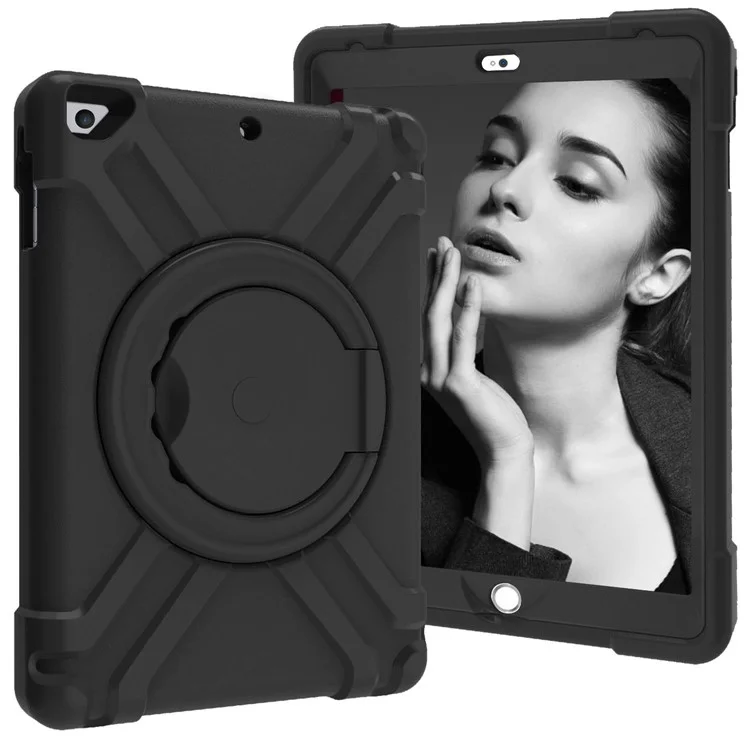 360° Schwenkbarer Ständer PC + Silikon-Hybrid-Tabletthülle für Apple iPad Air/Air 2/iPad 9.7-Zoll (2018) / iPad 9.7-Zoll (2017) - Komplett Schwarz