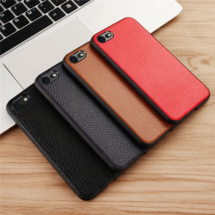 Litchi Texture Genuine Leather Skin Coated TPU Phone Case for iPhone 8/7/SE (2022)/SE (2020) - Black