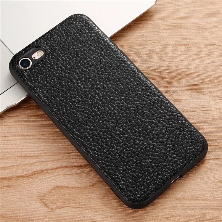 Litchi Texture Genuine Leather Skin Coated TPU Phone Case for iPhone 8/7/SE (2022)/SE (2020) - Black