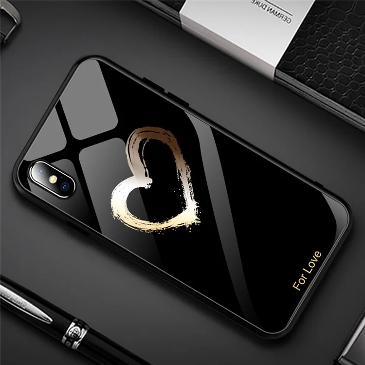 Pattern Printing Tempered Glass + TPU Hybrid Case for iPhone XS 5.8 inch - Black / Heart