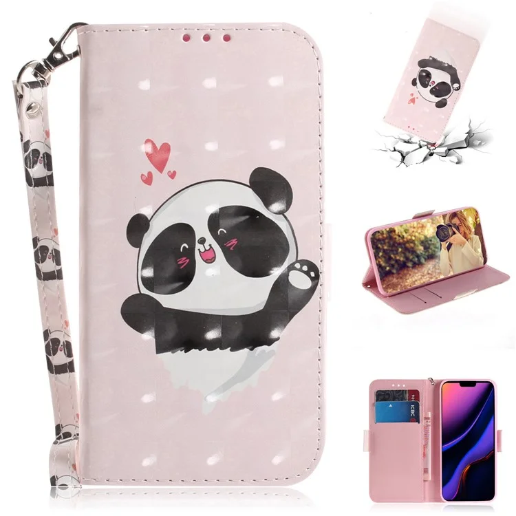 Père Imprimerie Light Spot Decor Portefeuille en Cuir Pour Iphone 11 6,1 Pouces (2019) - Panda et Cœurs