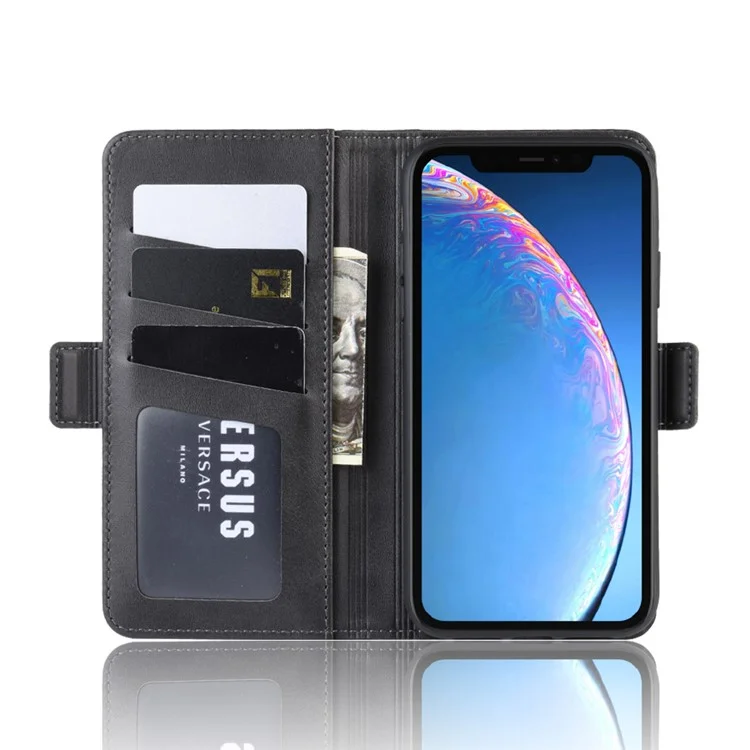 For iPhone 11 Case Calf Texture Leather Wallet Stand Phone Cover - Black