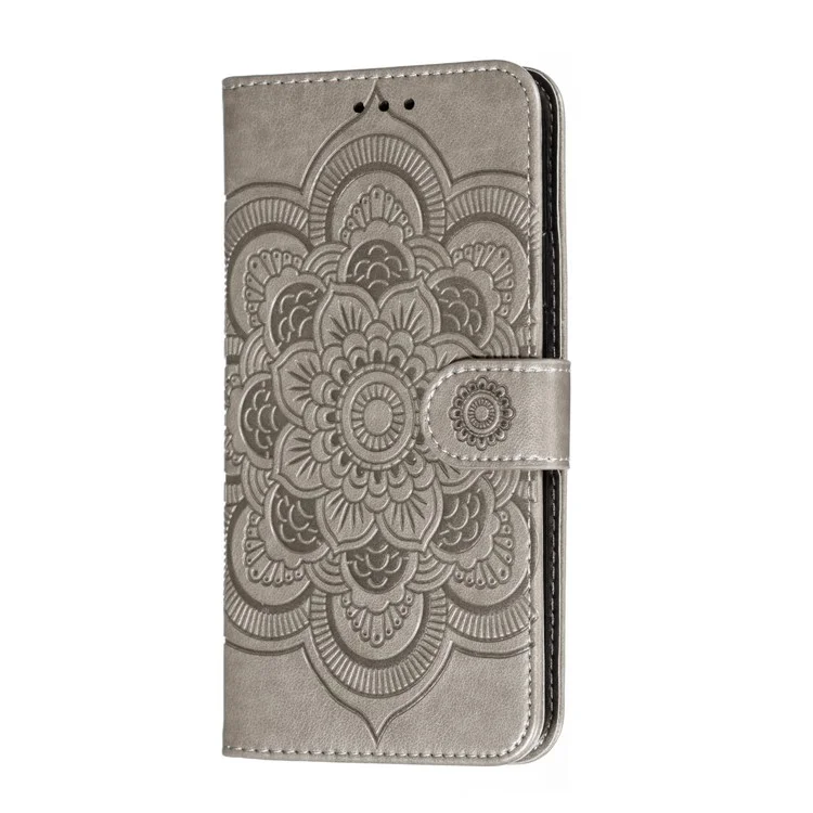 Escudo De Carteira De Couro Padrão De Flor De Mandala Imprinted Para Iphone 11 Pro Máximo 6,5 Polegadas (2019) - Cinza